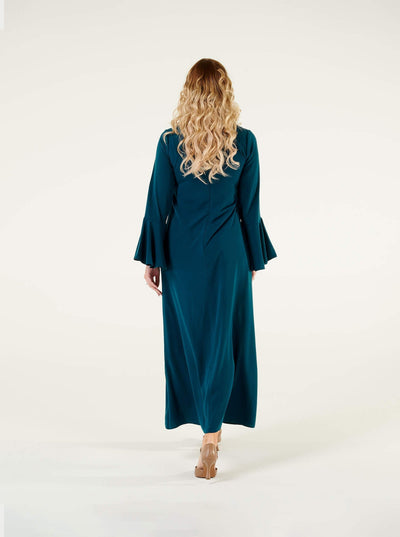 Blue V Neckline Flared Sleeve Dress