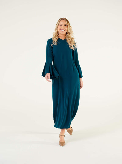 Blue V Neckline Flared Sleeve Dress