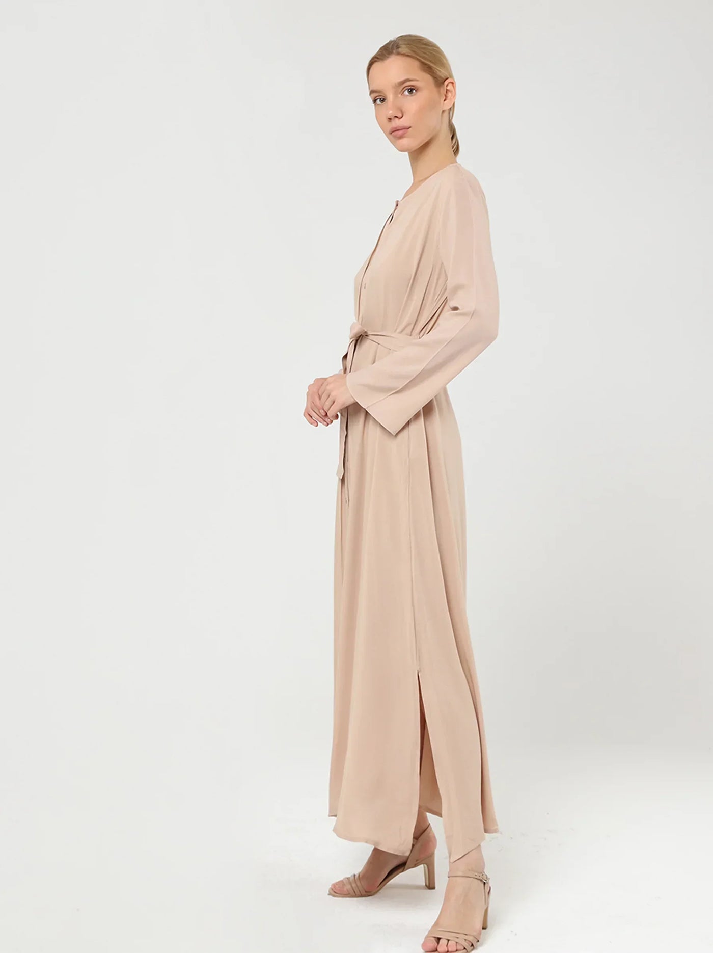 Buttoned Beige Long Sleeve Maxi Dress