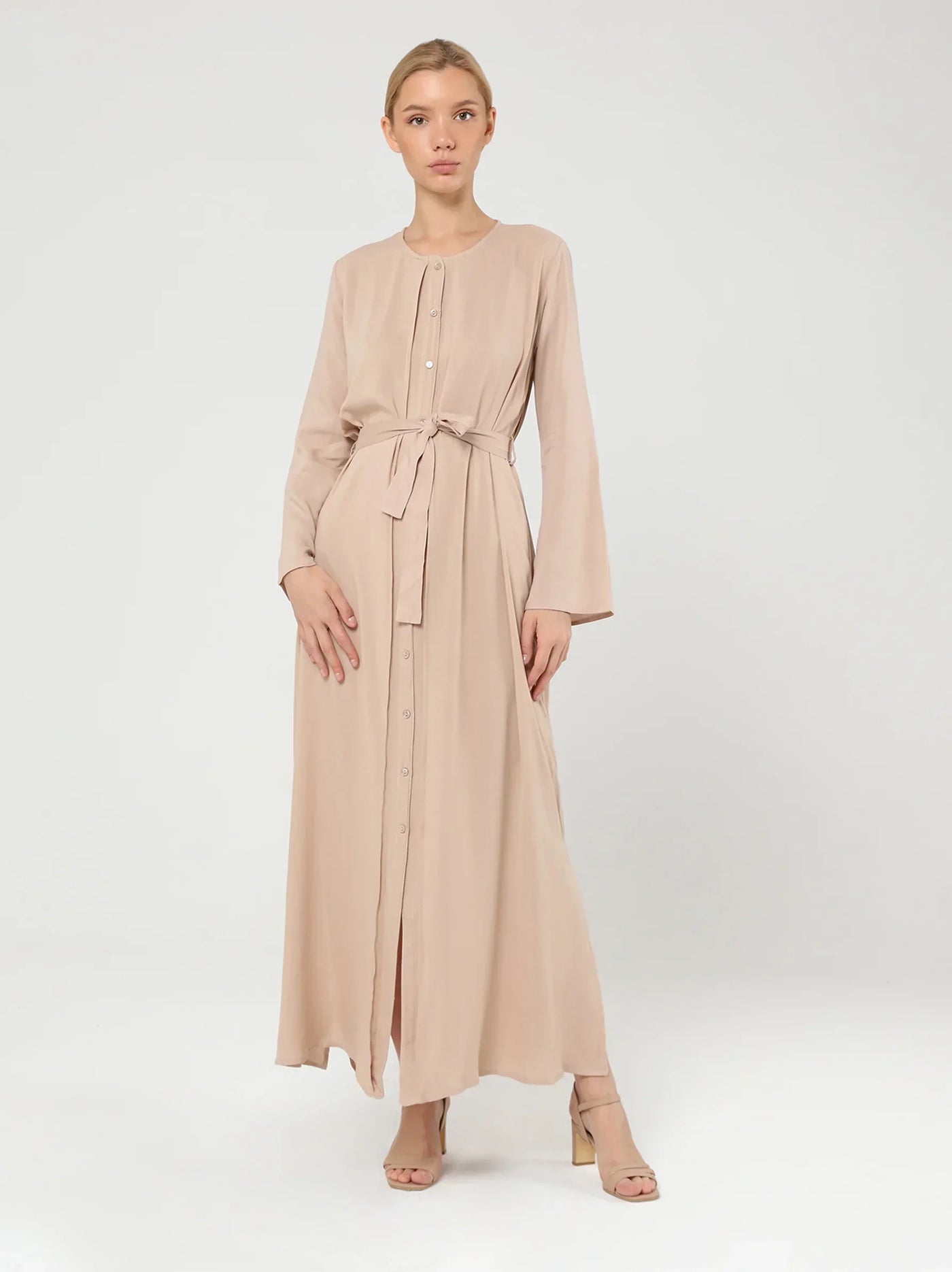 Buttoned Beige Long Sleeve Maxi Dress