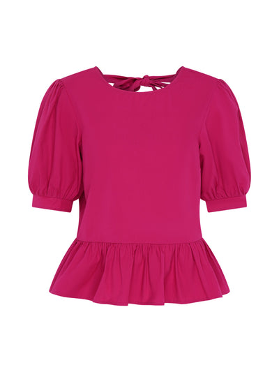 Ellie Frill Hem Puff Sleeve Cotton Blouse in Magenta