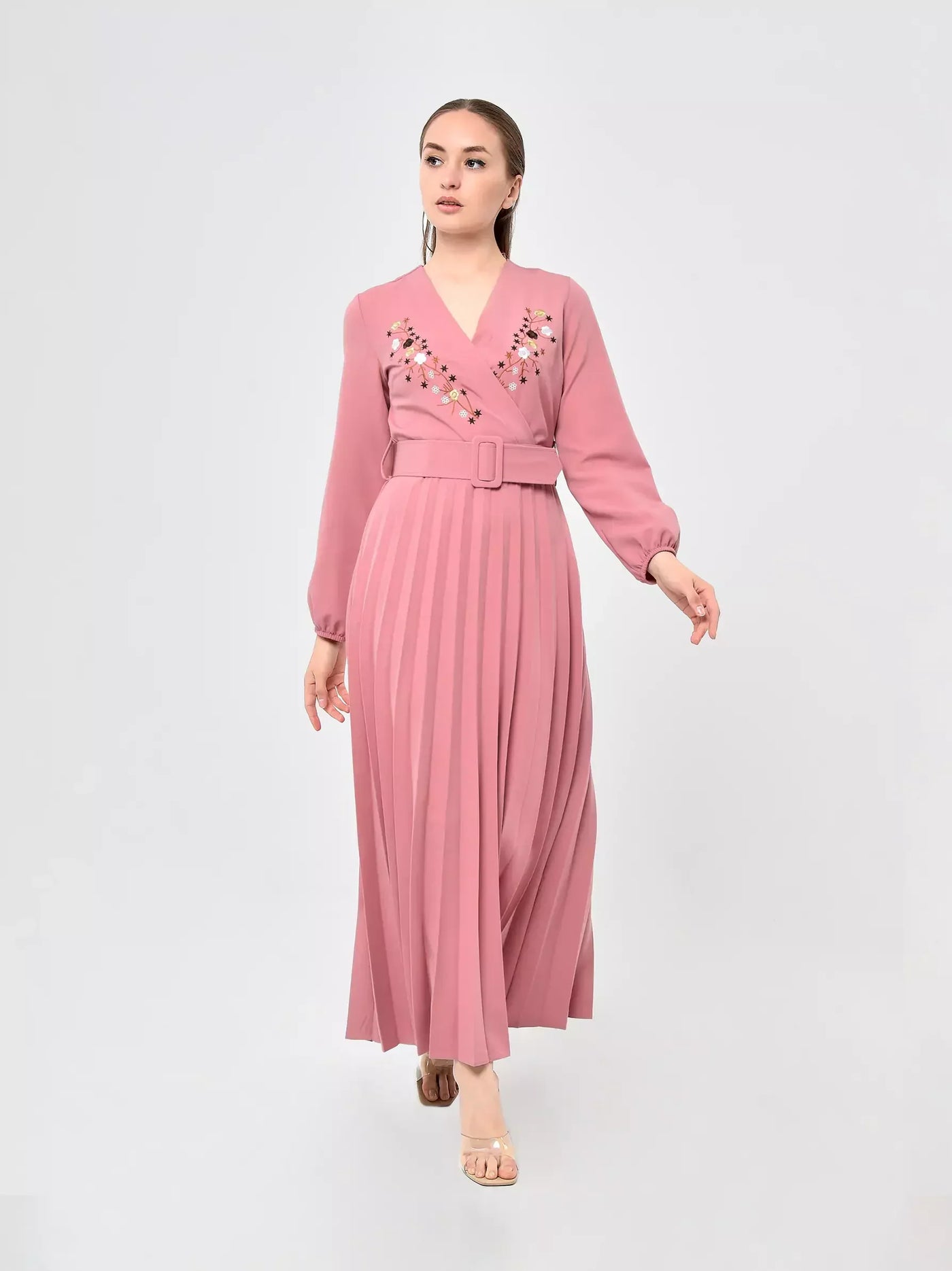 Pink Wrap Embroidery Detailed Maxi Dress