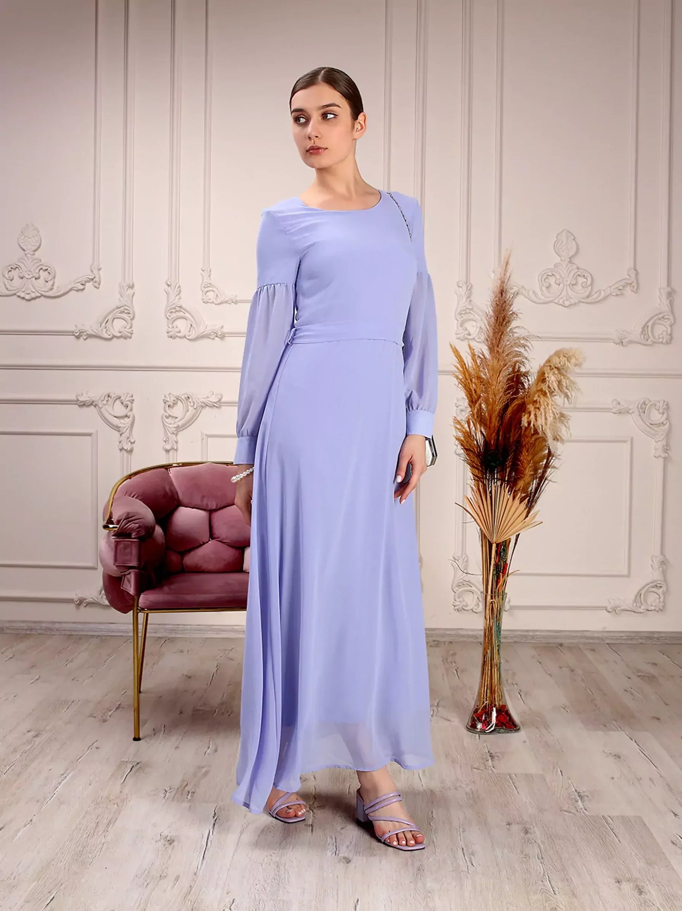 Lavender Dropped Shoulder Belted Dress