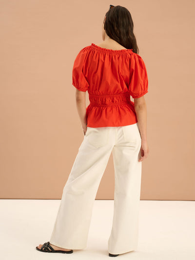 Ola Shirred Detail Short Sleeve Top in Red